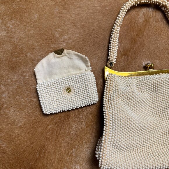 Vintage White Beaded Handbag with Coin Purse, 1950s Pearlcore Evening Bag - Picture 2 of 13